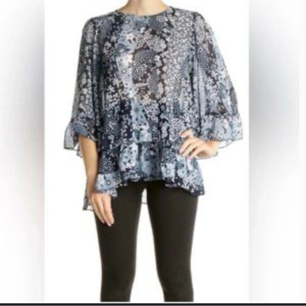 MICHAEL Michael Kors Blue Geometric Floral Print 3/4 Sleeve Pullover Blouse M